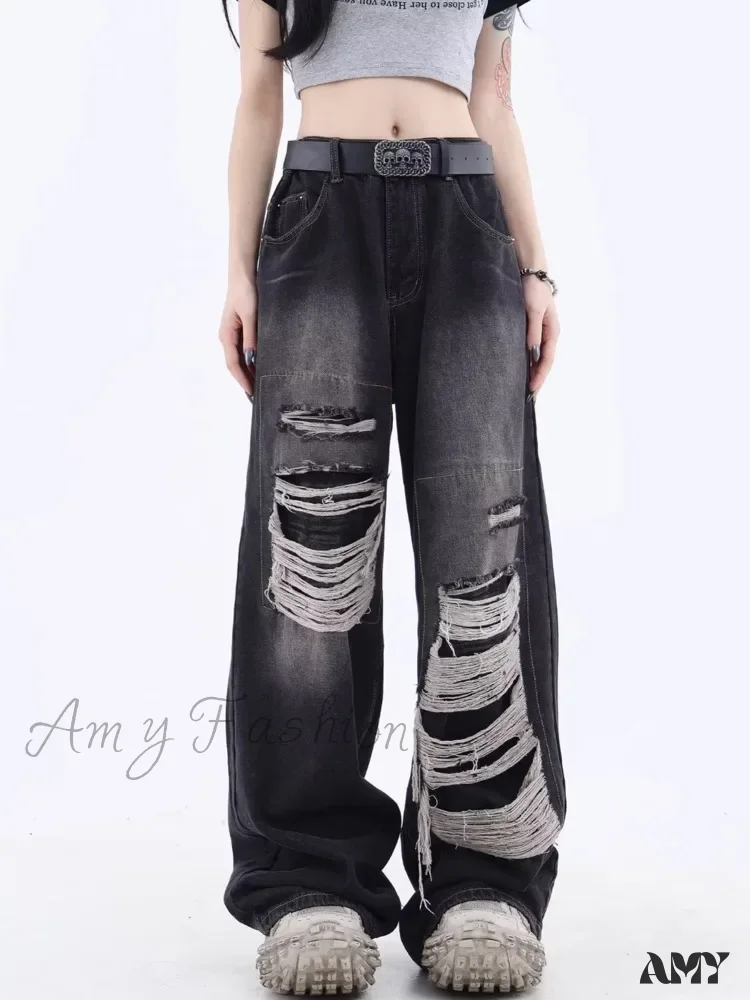 Amy Fashion - Vintage Distressed Washed Summer Loose Fitting Wide Leg Straight Tube Trendy Street Women's Jean - Image 7