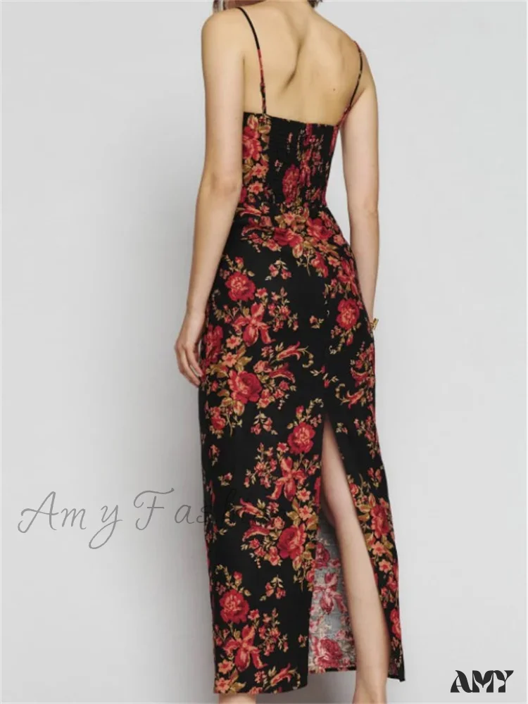 Amy Fashion - Vintage Floral Print  for Women Sleeveless Spaghetti Strap Simmer Back Split Cocktail Party Vestidos - Image 2