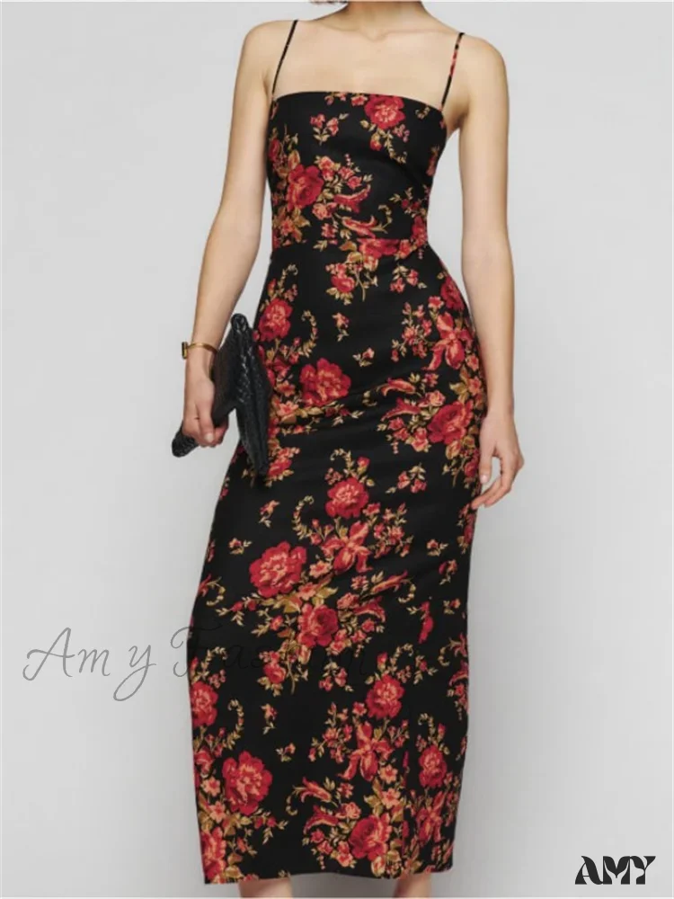 Amy Fashion - Vintage Floral Print  for Women Sleeveless Spaghetti Strap Simmer Back Split Cocktail Party Vestidos - Image 3