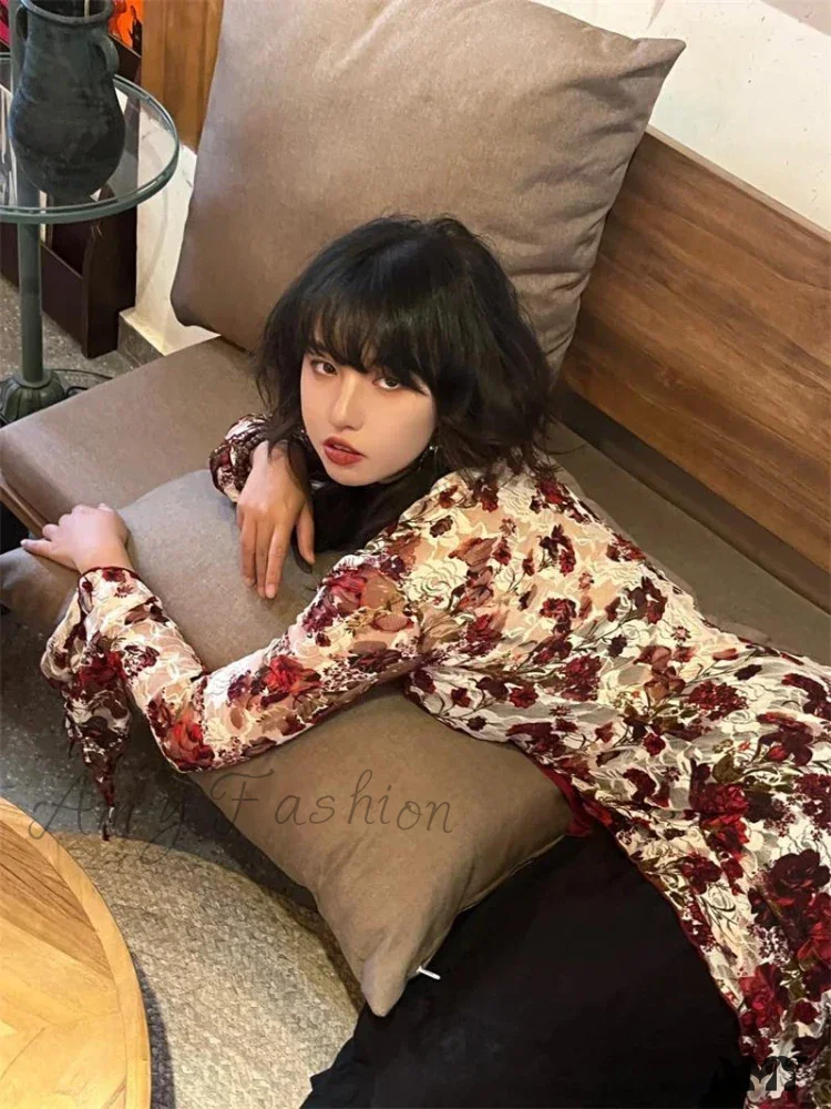 Vintage Floral Print Gothic Style Red Flare Sleeve Mesh Transparent Slim Chic Cardigan - Image 2