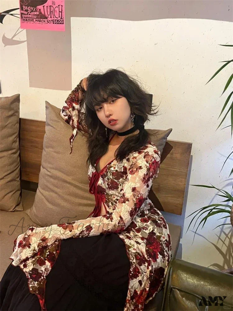 Vintage Floral Print Gothic Style Red Flare Sleeve Mesh Transparent Slim Chic Cardigan - Image 3