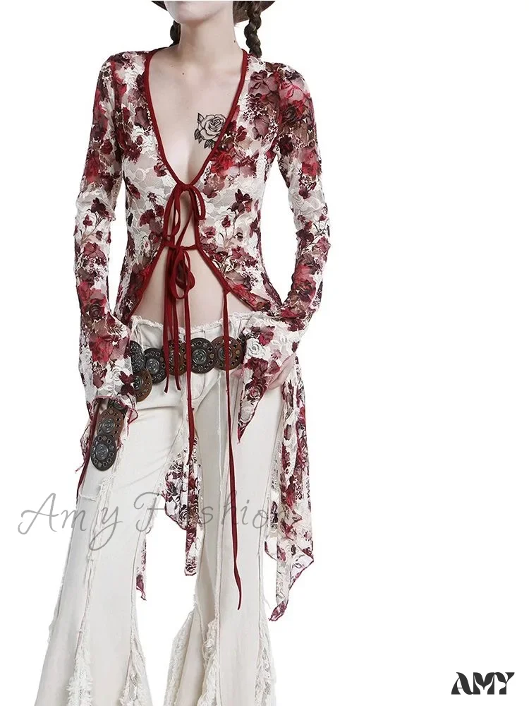 Vintage Floral Print Gothic Style Red Flare Sleeve Mesh Transparent Slim Chic Cardigan - Image 4
