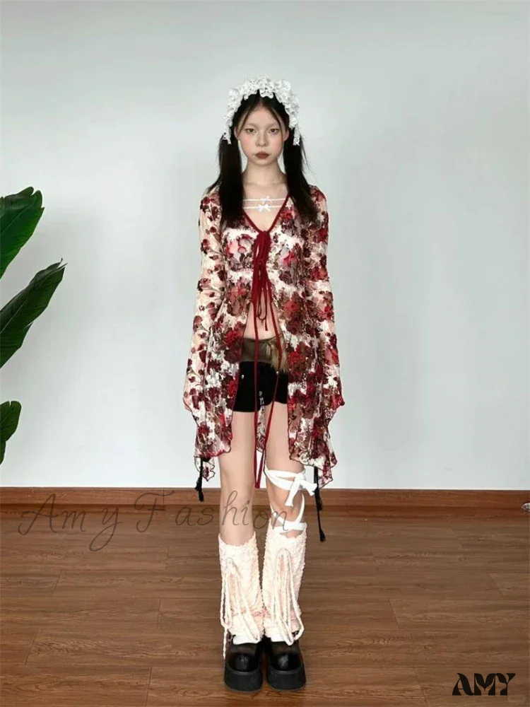 Vintage Floral Print Gothic Style Red Flare Sleeve Mesh Transparent Slim Chic Cardigan - Image 5