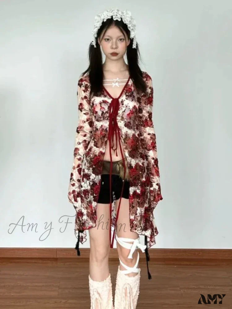 Vintage Floral Print Gothic Style Red Flare Sleeve Mesh Transparent Slim Chic Cardigan - Image 6