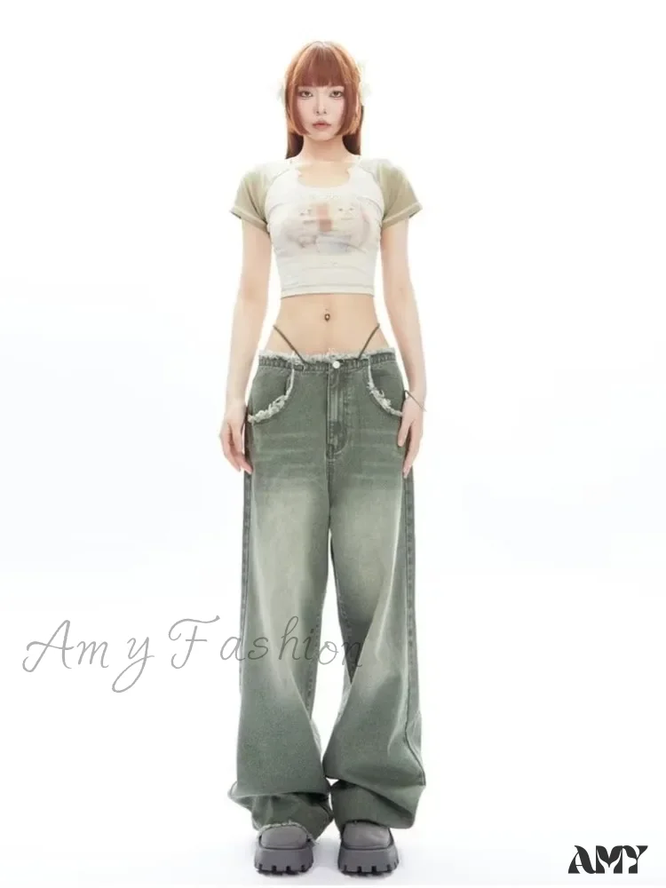 Amy Fashion - Vintage Green Wide Leg High Street High Waisted Drape Straight Leg Vintage Women's Jean