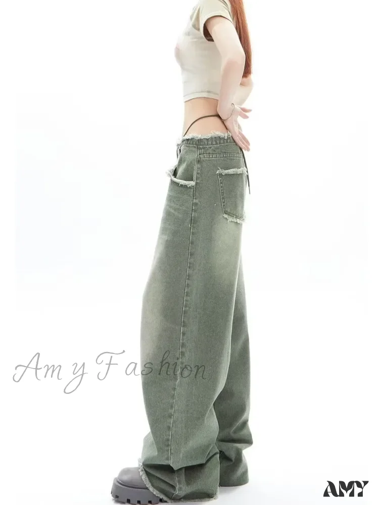 Amy Fashion - Vintage Green Wide Leg High Street High Waisted Drape Straight Leg Vintage Women's Jean - Image 2