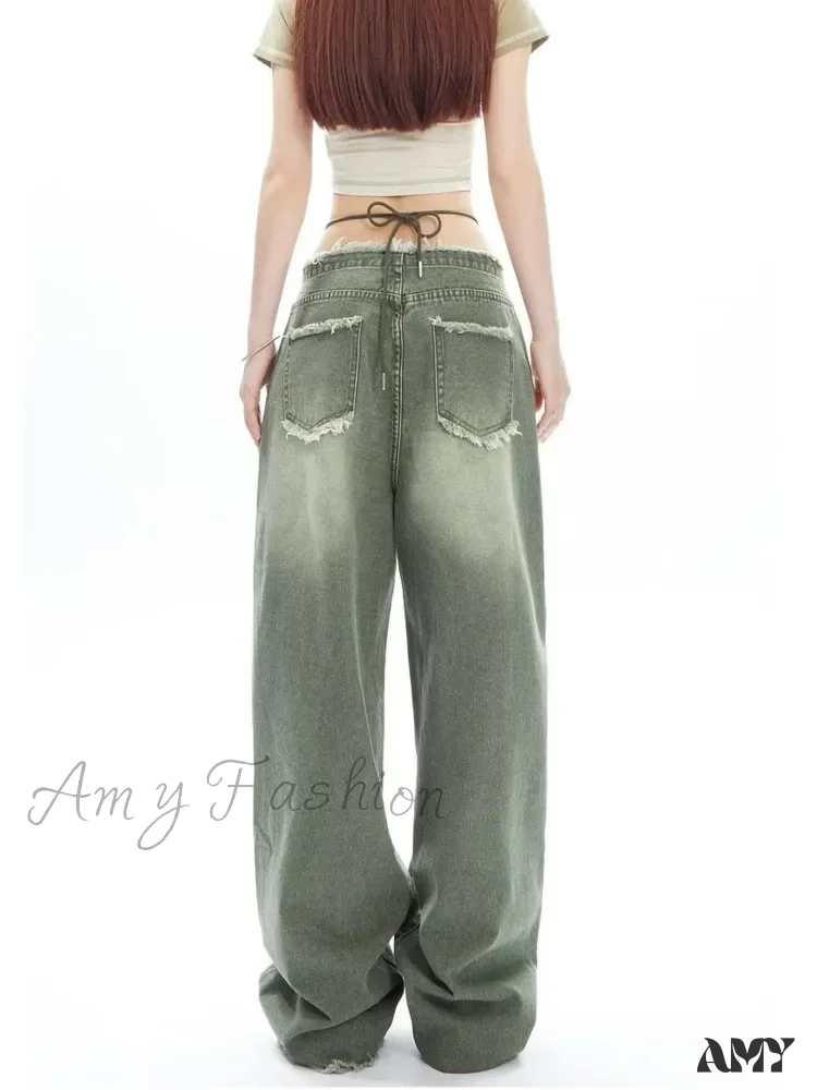 Amy Fashion - Vintage Green Wide Leg High Street High Waisted Drape Straight Leg Vintage Women's Jean - Image 3