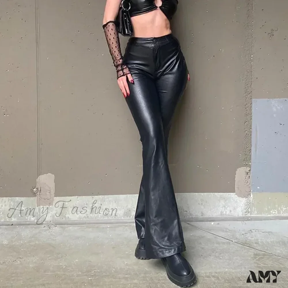 Vintage High Waist Flare Stretch Slim Faux Leather Pants - Image 4