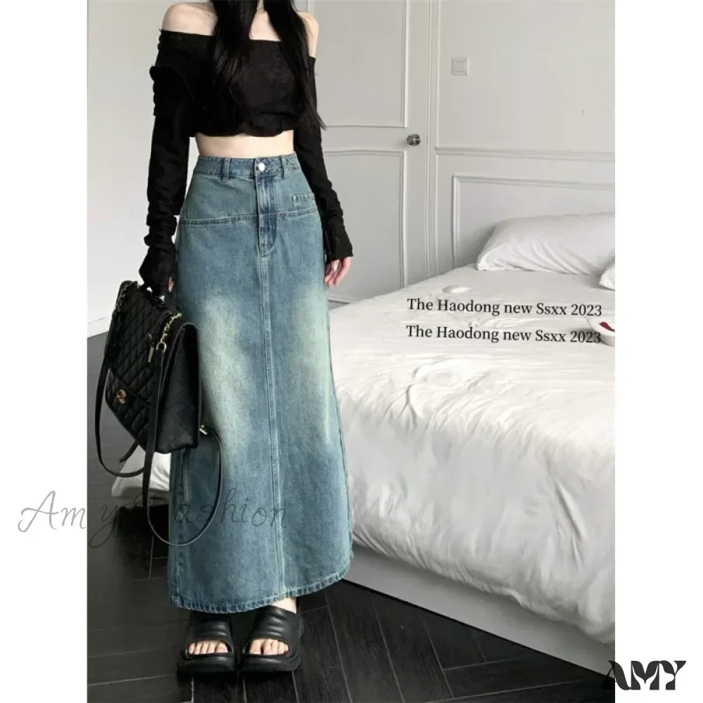 Vintage Hong Kong Style High-Waisted A-Line Denim Slit Side Design Versatile Long Skirt - Image 2