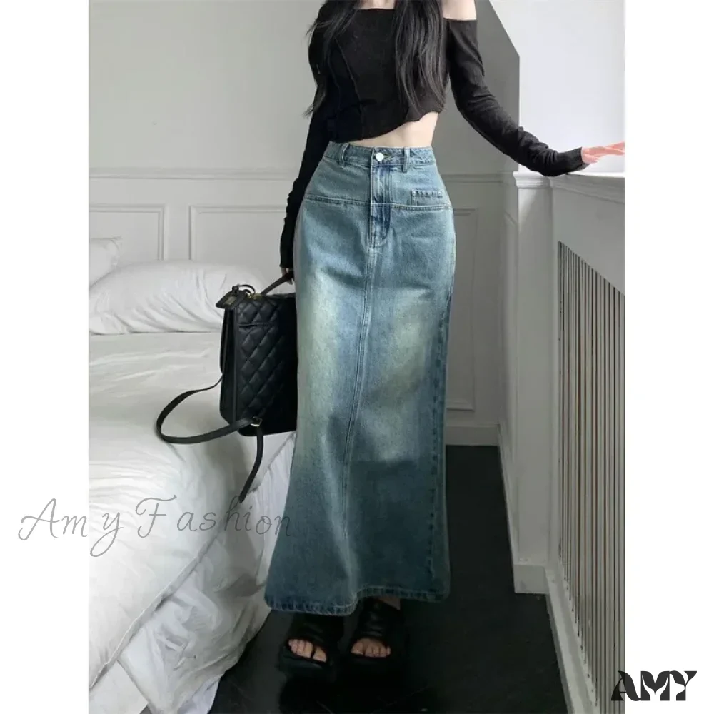 Vintage Hong Kong Style High-Waisted A-Line Denim Slit Side Design Versatile Long Skirt - Image 3