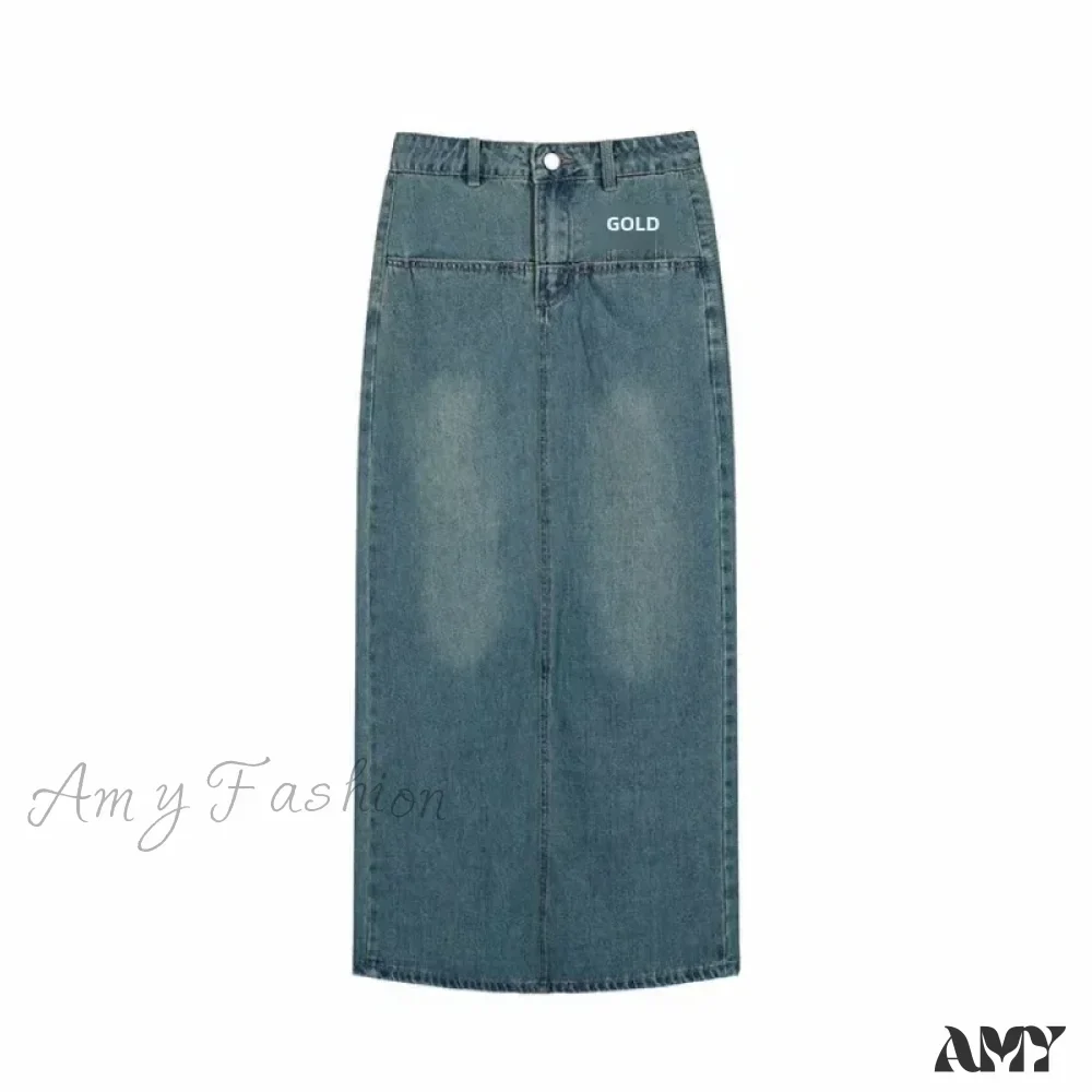 Vintage Hong Kong Style High-Waisted A-Line Denim Slit Side Design Versatile Long Skirt - Image 4