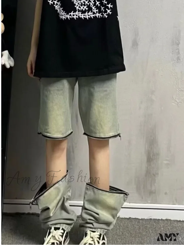 Amy Fashion - Vintage Knee Double Zipper Detachable Street Burst Straight Jean - Image 3