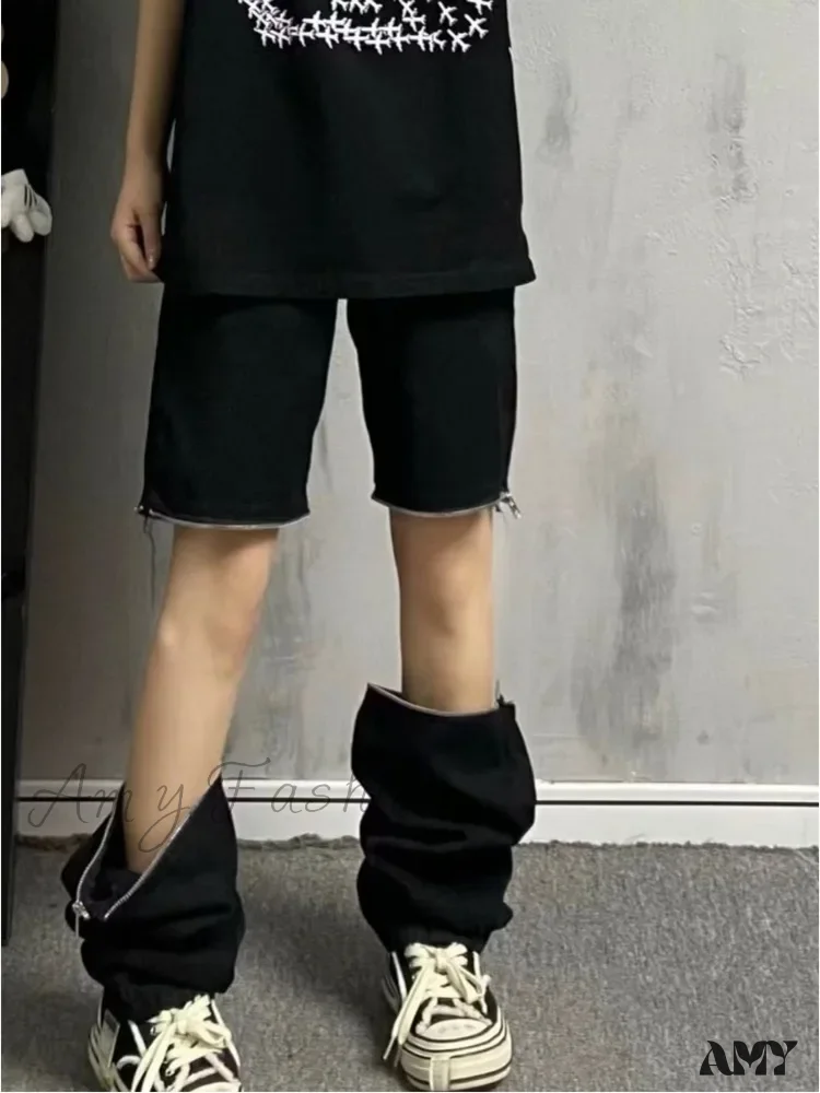 Amy Fashion - Vintage Knee Double Zipper Detachable Street Burst Straight Jean - Image 4