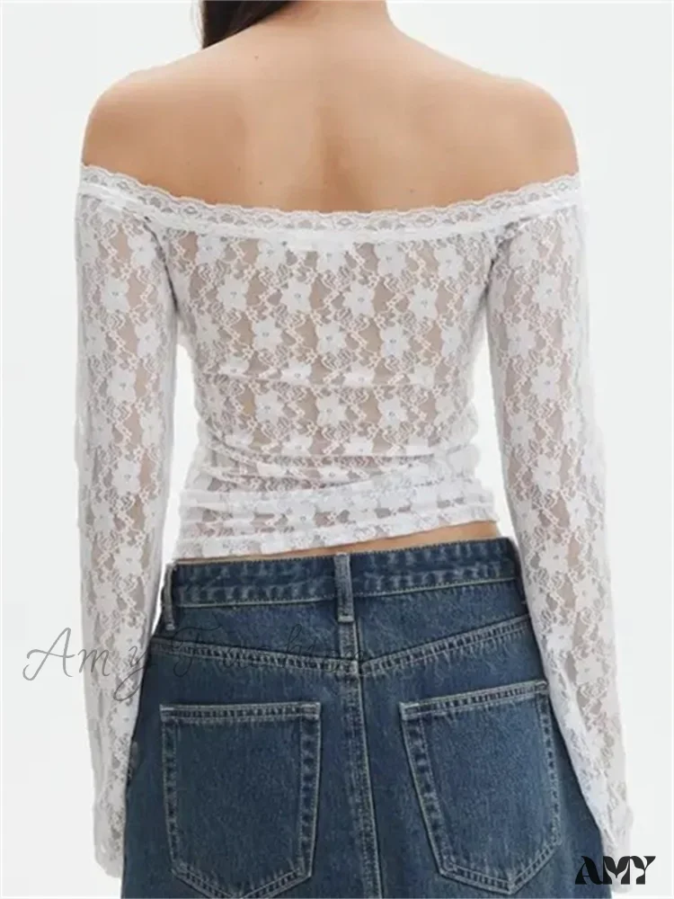 Amy Fashion - Vintage Lace Crop Tops Long Sleeve Off-Shoulder Casual Pullovers T-shirts - Image 2