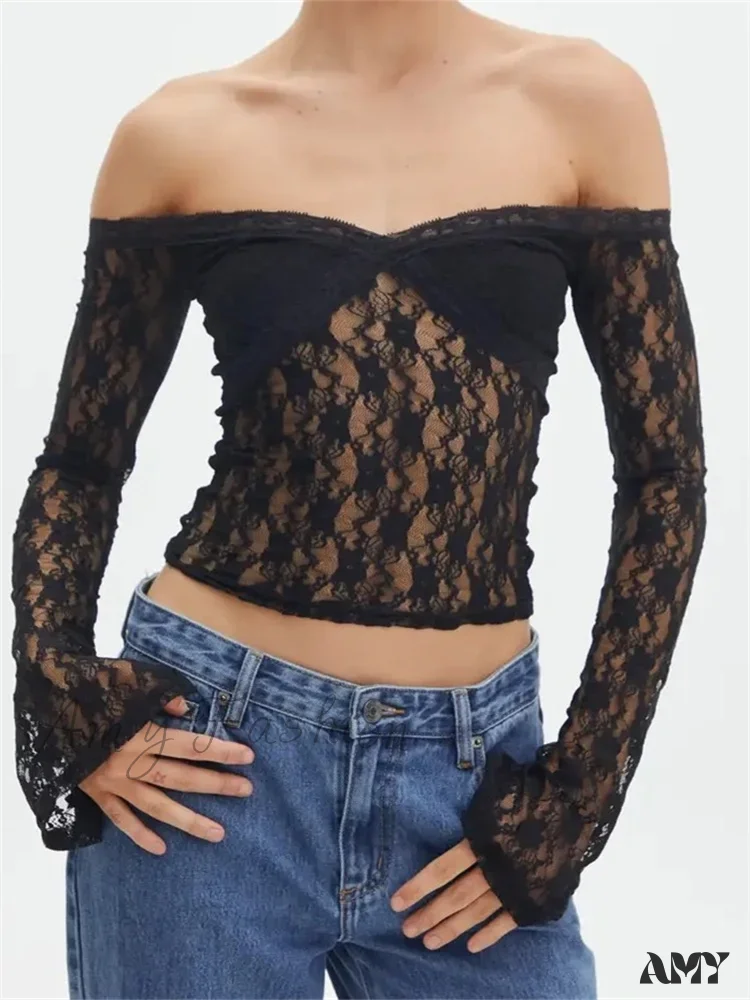 Amy Fashion - Vintage Lace Crop Tops Long Sleeve Off-Shoulder Casual Pullovers T-shirts - Image 3