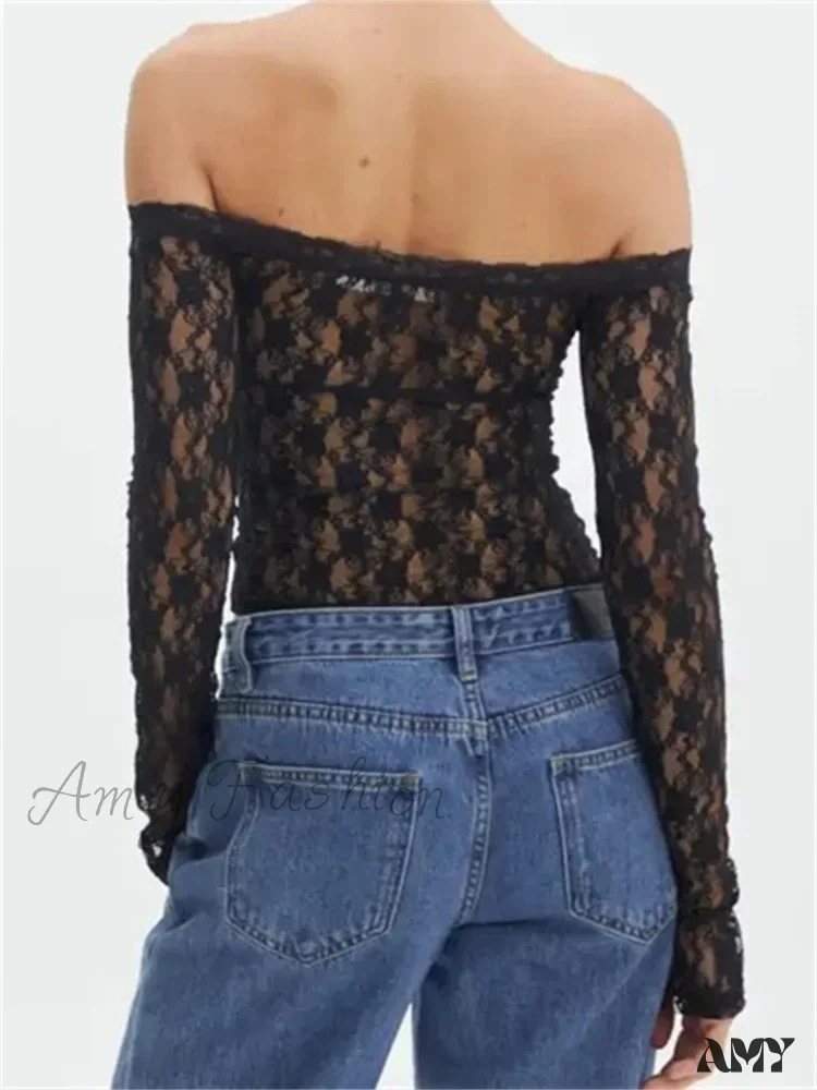 Amy Fashion - Vintage Lace Crop Tops Long Sleeve Off-Shoulder Casual Pullovers T-shirts - Image 4