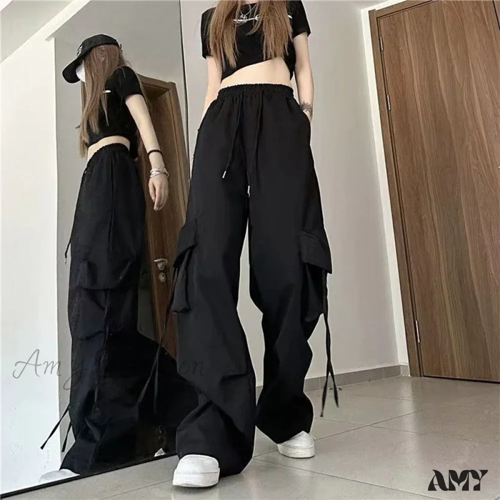 Vintage Large Pocket High Waist Wide Loose Fashion New Drawstring Trouser - Image 3