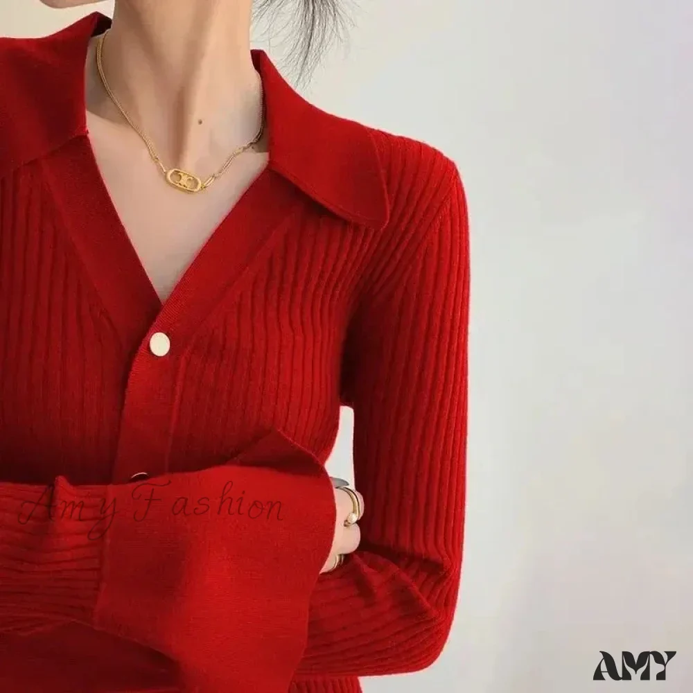 Vintage Luxury Knitted Cardigan Long Sleeve Tops Slim Polo Large Lapel Korean Fashion High Quality Sweater - Image 8
