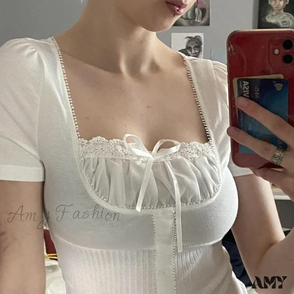 Vintage Preppy Cute Lace Trim Bow Short Sleeve Fairy Cottage Crop Top - Image 4