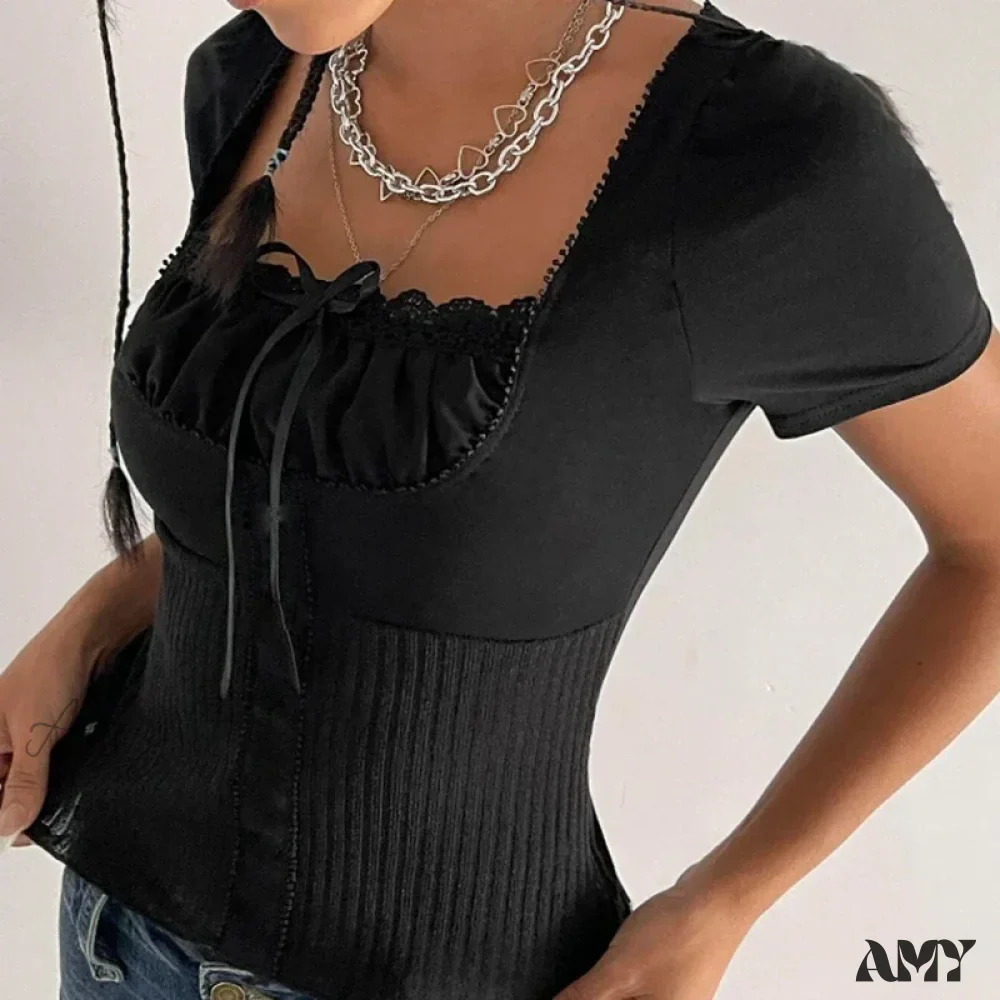 Vintage Preppy Cute Lace Trim Bow Short Sleeve Fairy Cottage Crop Top - Image 6