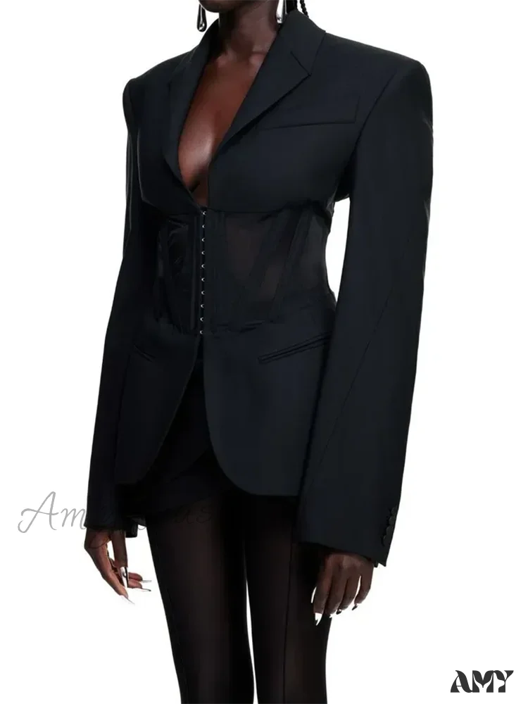 Vintage Sexy Notched Collar Slim Long Sleeve Patchwork Sheer Mesh Tunic Fashion Clothing New Blazer - Image 4
