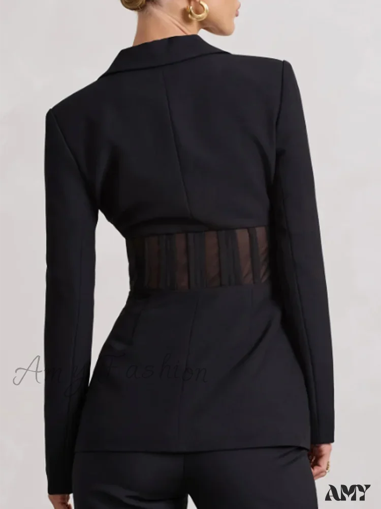 Vintage Sexy Notched Collar Slim Long Sleeve Patchwork Sheer Mesh Tunic Fashion Clothing New Blazer - Image 5