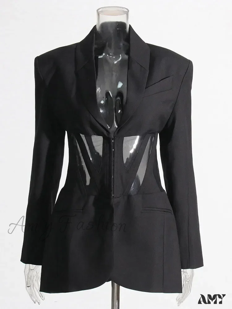 Vintage Sexy Notched Collar Slim Long Sleeve Patchwork Sheer Mesh Tunic Fashion Clothing New Blazer - Image 6