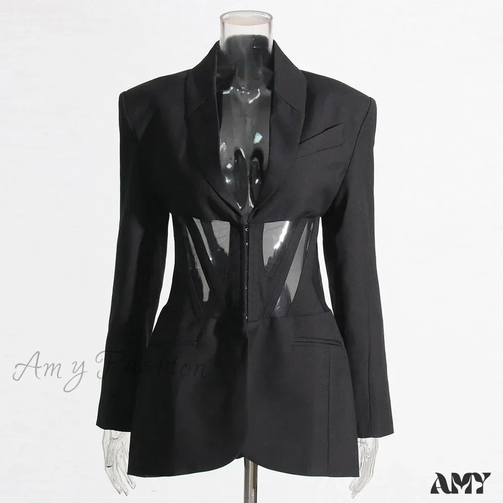 Vintage Sexy Notched Collar Slim Long Sleeve Patchwork Sheer Mesh Tunic Fashion Clothing New Blazer - Image 7