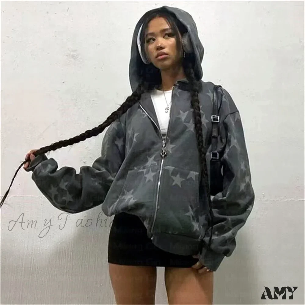 Vintage Star Graphic Jacket Y2K Oversized Long Sleeve Streetwear Harajuku Print Pocket Zipper Hoodies