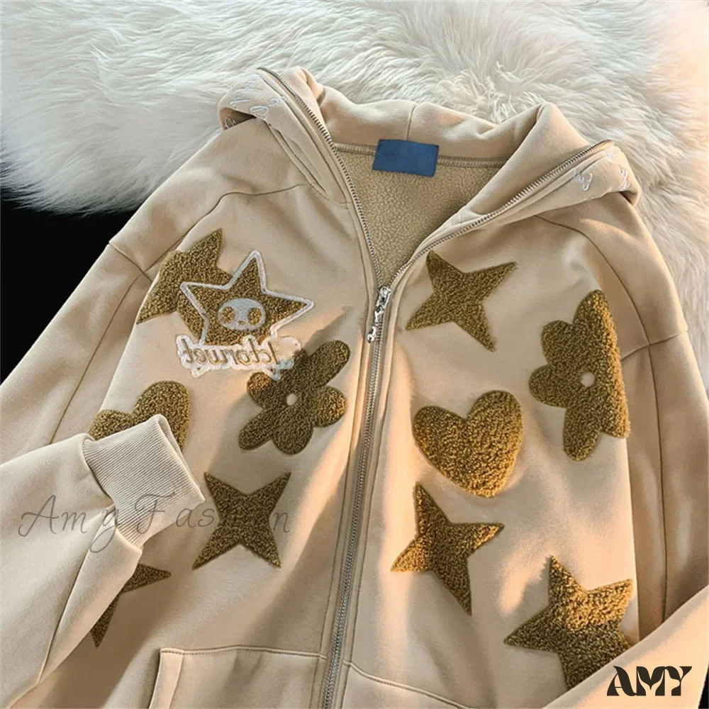 Vintage Star Graphic Jacket Y2K Oversized Long Sleeve Streetwear Harajuku Print Pocket Zipper Hoodies - Image 3