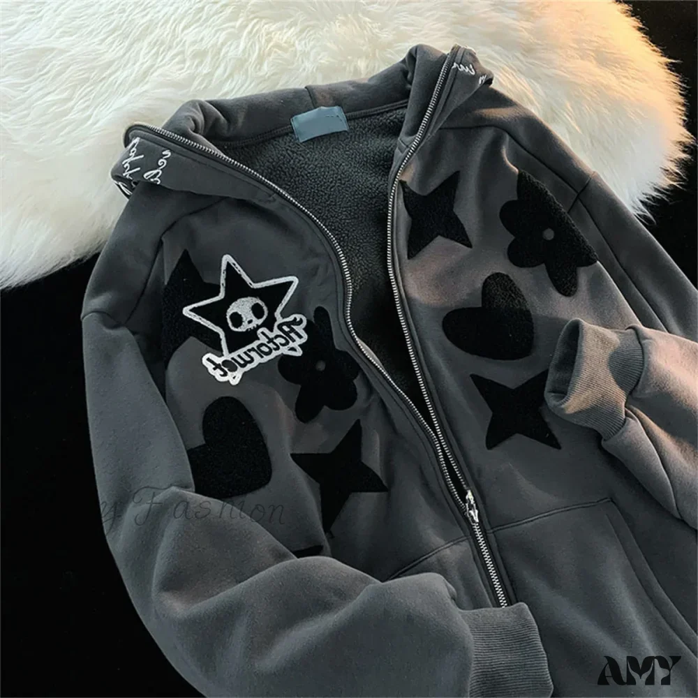 Vintage Star Graphic Jacket Y2K Oversized Long Sleeve Streetwear Harajuku Print Pocket Zipper Hoodies - Image 5
