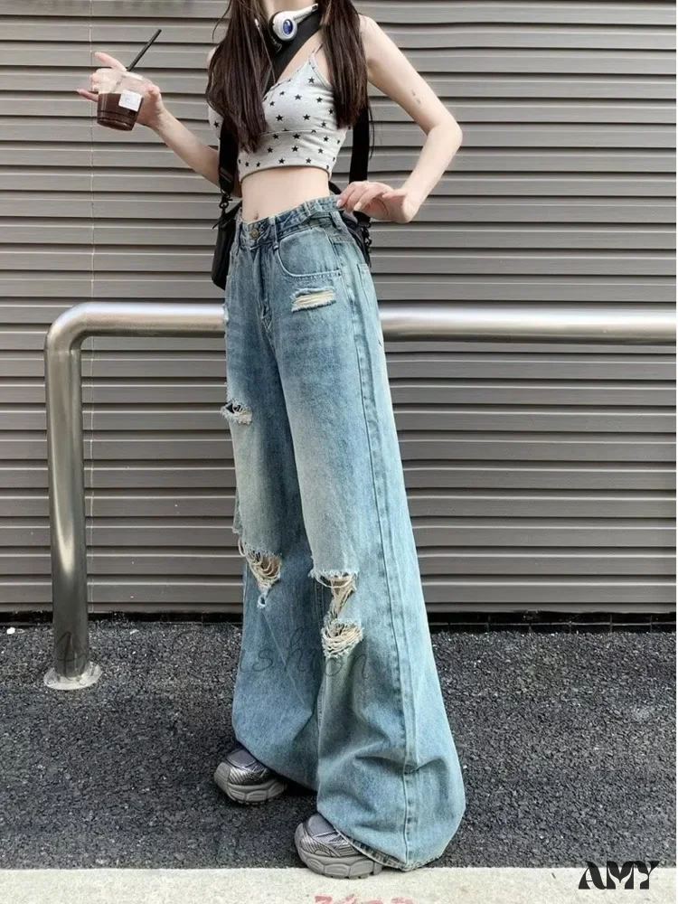 Amy Fashion - Vintage Torn High-Waisted Slimming Loose-Fitting Long Women's Jean