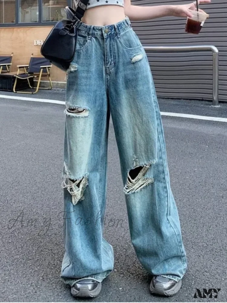 Amy Fashion - Vintage Torn High-Waisted Slimming Loose-Fitting Long Women's Jean - Image 2
