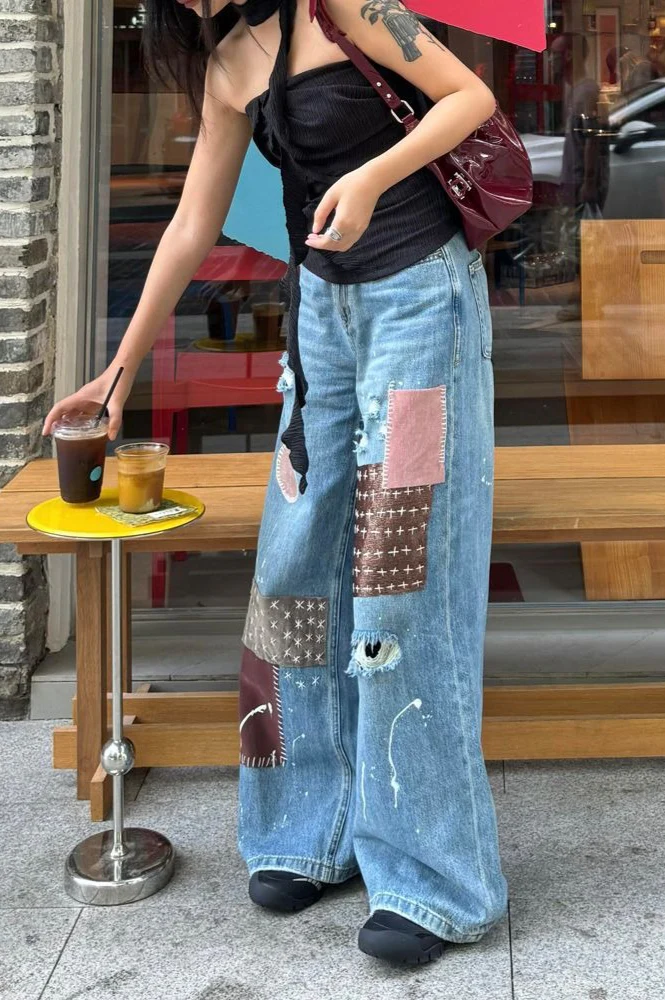 Vintage Washed Paint Splatter Patchwork Ripped Jeans - Image 2