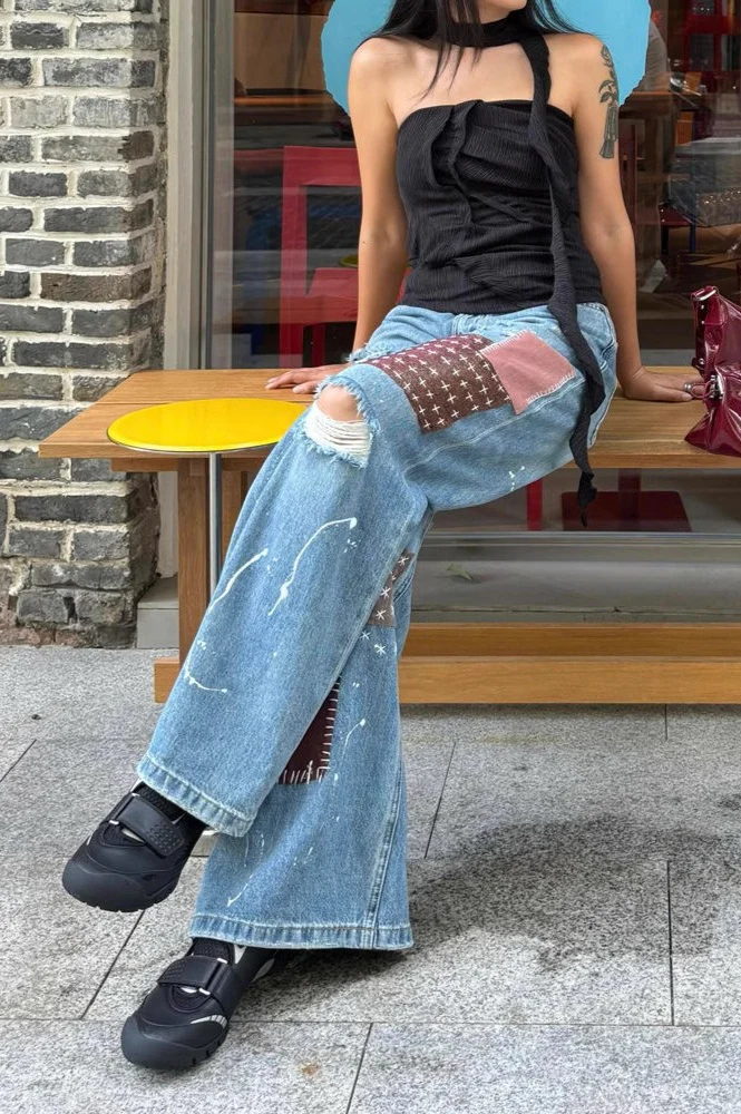 Vintage Washed Paint Splatter Patchwork Ripped Jeans - Image 4
