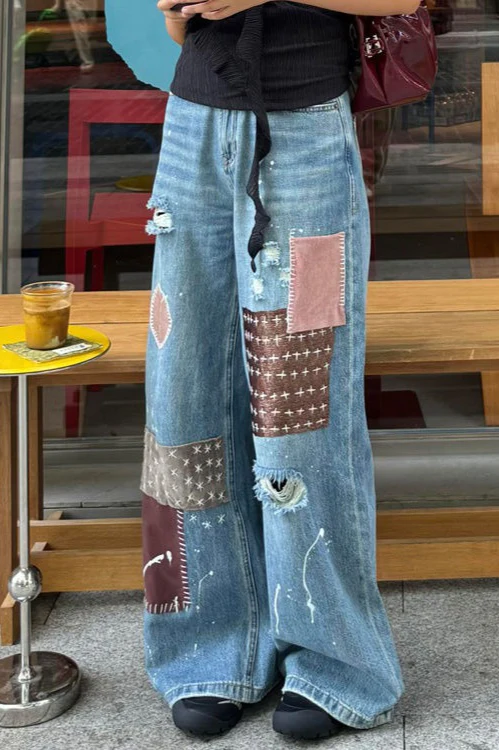Vintage Washed Paint Splatter Patchwork Ripped Jeans - Image 5