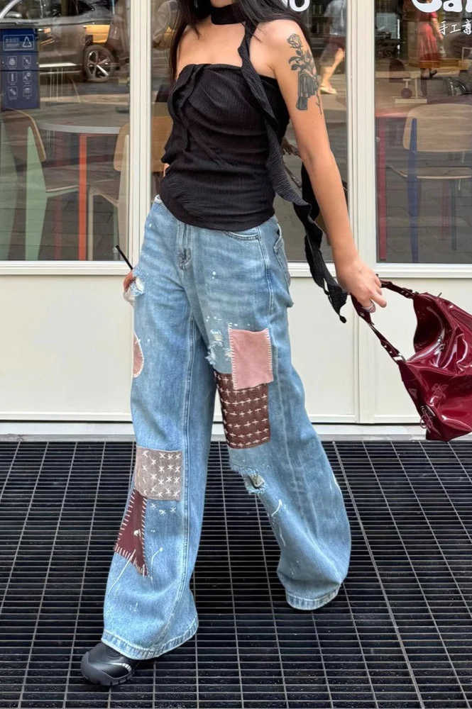 Vintage Washed Paint Splatter Patchwork Ripped Jeans - Image 6