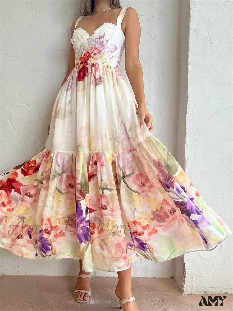 Amy Fashion - Vintage Women High Waist Sleeveless Strap Lace Push Up Flower Print Summer  Beach Female Vestido - Image 2