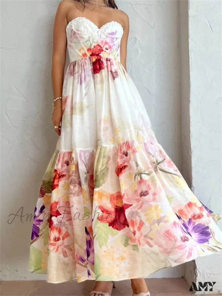 Amy Fashion - Vintage Women High Waist Sleeveless Strap Lace Push Up Flower Print Summer  Beach Female Vestido - Image 3