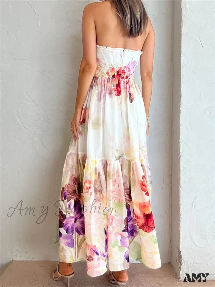 Amy Fashion - Vintage Women High Waist Sleeveless Strap Lace Push Up Flower Print Summer  Beach Female Vestido - Image 4