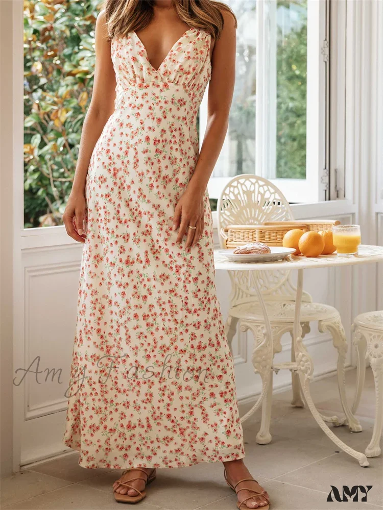 Amy Fashion - Vintage Women  Sleeveless Deep V-neck Ruched Backless Floral Print Summer Beach Female Vestidos - Image 5
