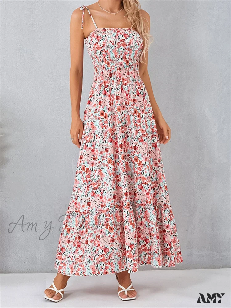 Amy Fashion - Vintage Women Sleeveless Tie-up Spaghetti Strap Floral Print Summer Party Beach Female Vestidos