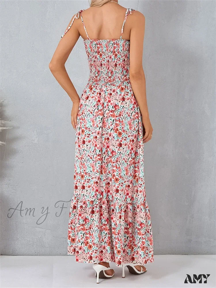 Amy Fashion - Vintage Women Sleeveless Tie-up Spaghetti Strap Floral Print Summer Party Beach Female Vestidos - Image 3