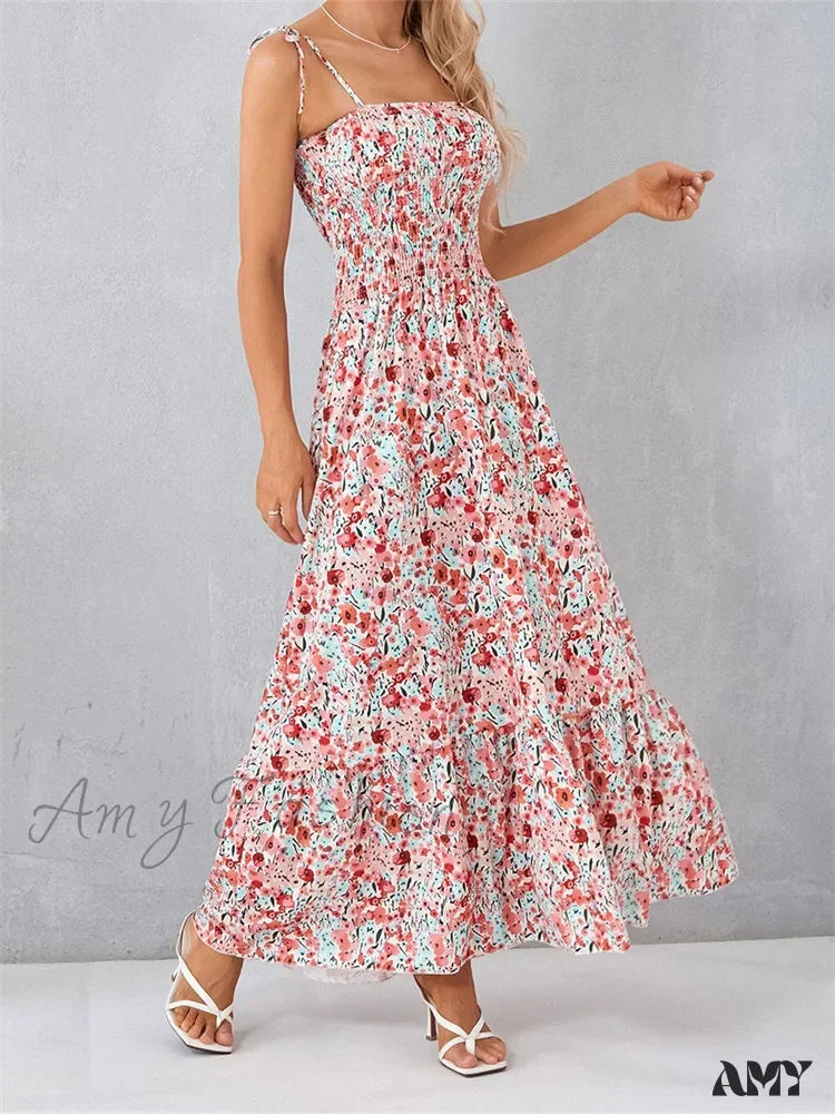 Amy Fashion - Vintage Women Sleeveless Tie-up Spaghetti Strap Floral Print Summer Party Beach Female Vestidos - Image 5