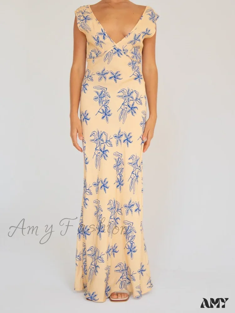 Amy Fashion - Vintage Women  Sleeveless V-neck Backless Flower Print Summer for Vacation Party Female Vestidos - Image 2