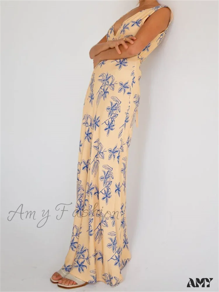 Amy Fashion - Vintage Women  Sleeveless V-neck Backless Flower Print Summer for Vacation Party Female Vestidos - Image 3