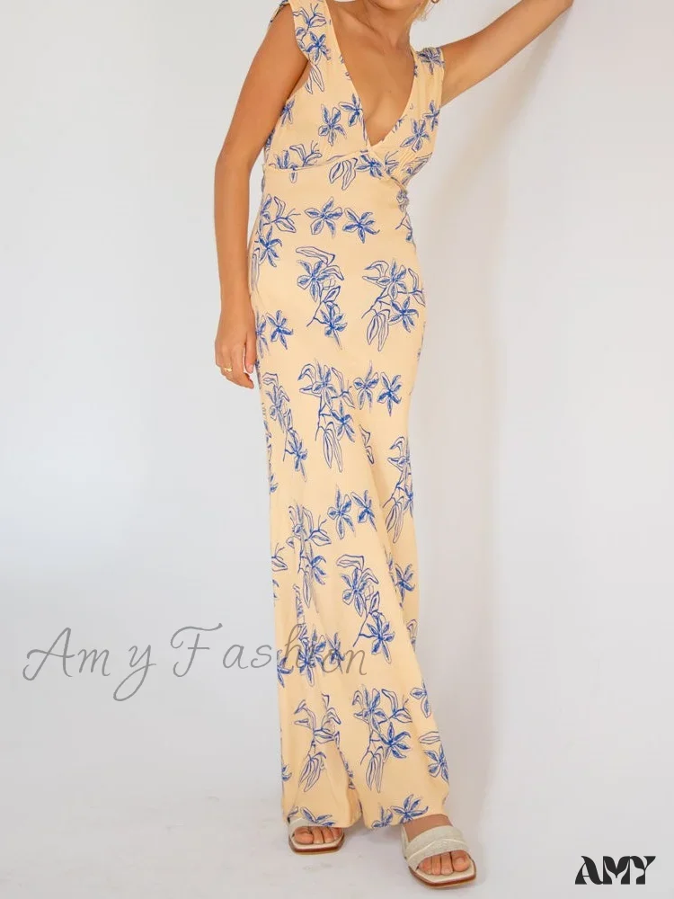 Amy Fashion - Vintage Women  Sleeveless V-neck Backless Flower Print Summer for Vacation Party Female Vestidos - Image 4