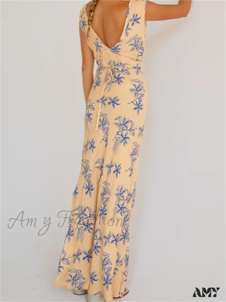 Amy Fashion - Vintage Women  Sleeveless V-neck Backless Flower Print Summer for Vacation Party Female Vestidos - Image 5