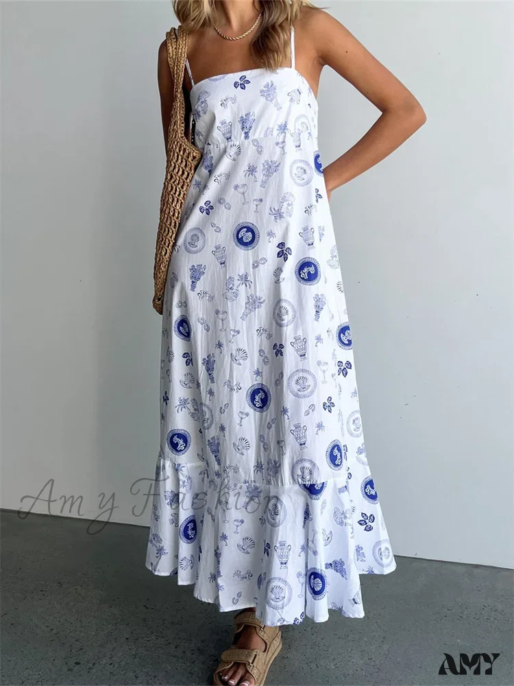 Amy Fashion - Vintage Women Summer Sleeveless Spaghetti Strap Floral Print Party Loose Casual Square Neck Vestidos