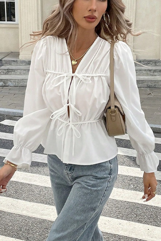 Waist-Tie Long-Sleeve Cardigan Blouse - Image 2